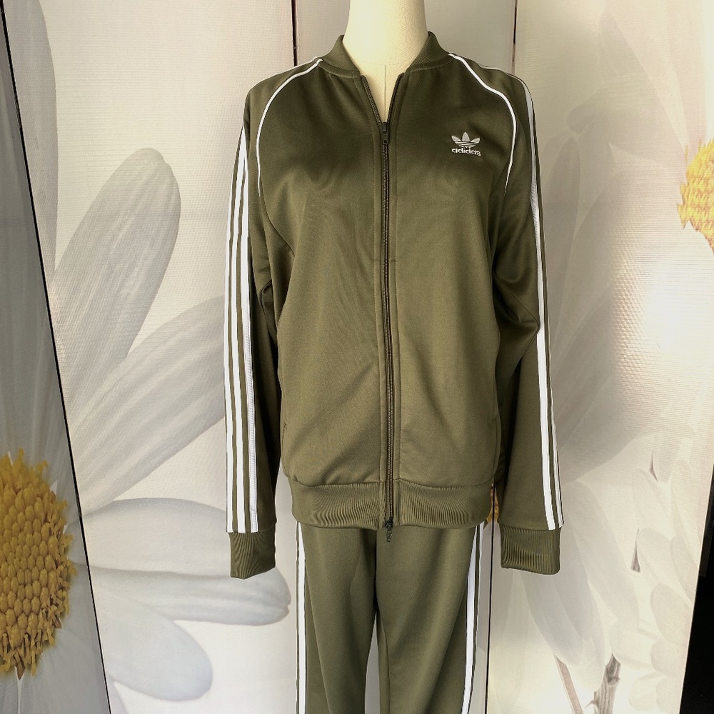 Adidas olive w/ white stripes track suit